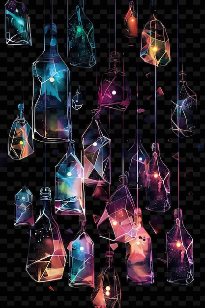 PSD bouteilles de verre lumineuses suspendues collage de verre brisé texture y2k forme de texture art de décoration de fond