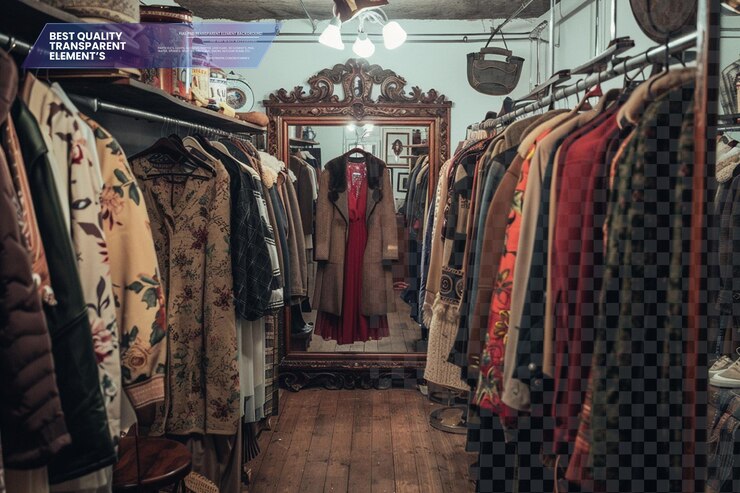 PSD une boutique de vêtements vintage confortable remplie de rayons de vêtements sur un fond transparent