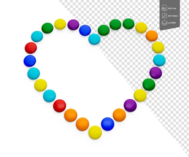 PSD bouton de chocolat coloré bonbons enrobés de haricots en forme de coeur sur fond blanc illustration 3d