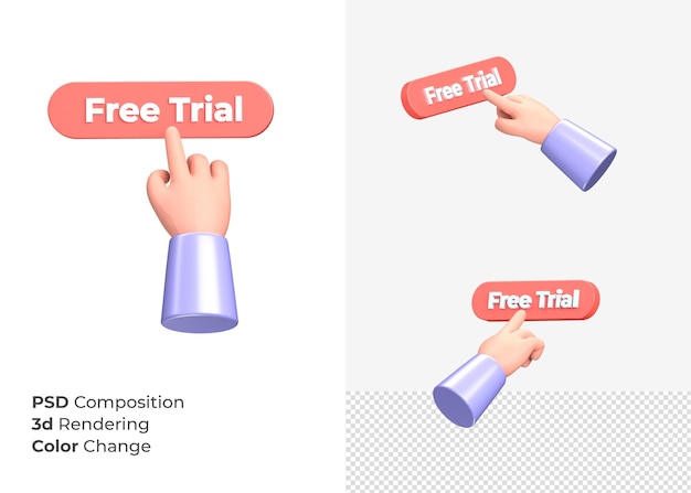 PSD bouton d'essai gratuit de rendu 3d avec concept de main