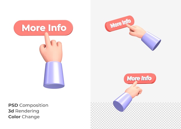 PSD bouton plus d'informations de rendu 3d avec concept de main
