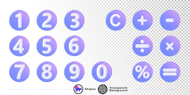 Les boutons de la calculatrice ronde holographique 3D sont réglés. Les nombres de gradient de 0 à 9 et les symboles d'opération mathématique. L'addition, la soustraction, la multiplication, la division, l'égalité, le signe pourcent, le signe net.