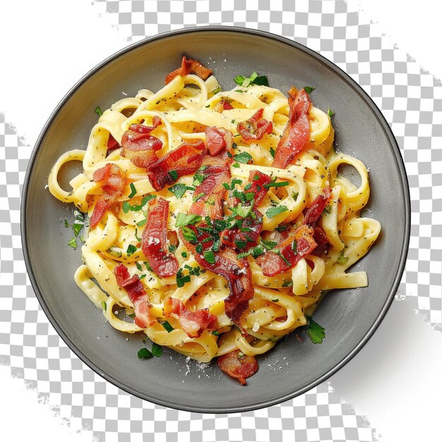 PSD a bowl of pasta with bacon and bacon on it