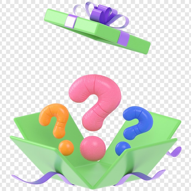 A box filled with colorful question marks