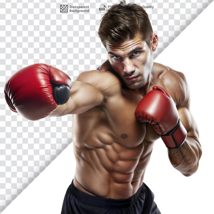 PSD boxeador en postura de lucha con guantes de boxeo