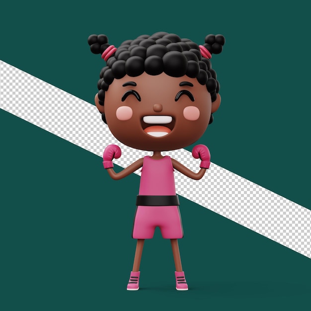 PSD boxer criança feliz, menina lutadora com luva de boxe, personagem criança, renderização 3d