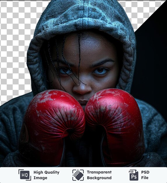 PSD boxing woman in a hoodie holding a red boxing glove with a black face small nose and brown and blue eyes