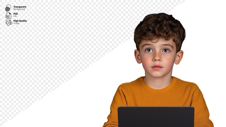 PSD boy in orange shirt with laptop
