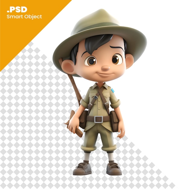 PSD boy scout avec un chapeau et un uniforme sur fond blanc avec modèle psd de chemin de découpage