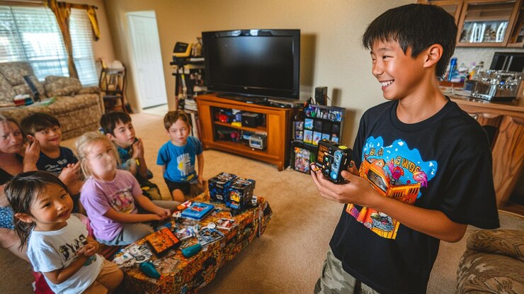 PSD boy showing toys to excited children at birthday party