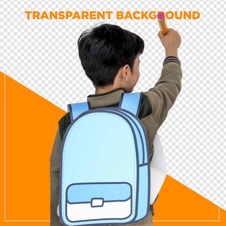PSD boy wearing a school backpack writing with transparent background