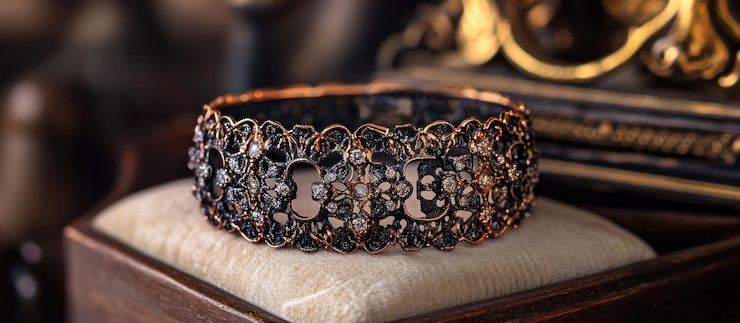 PSD un bracelet en diamant antique en métal orné repose sur du velours à l'intérieur d'une boîte en bois