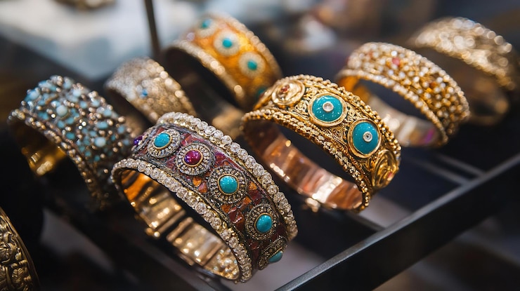 PSD des bracelets colorés avec des bijoux exposés sur une étagère sombre