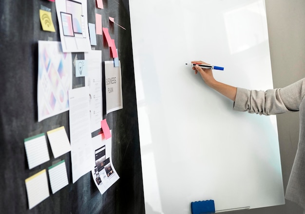 PSD brainstorming do líder usando uma maquete do quadro branco