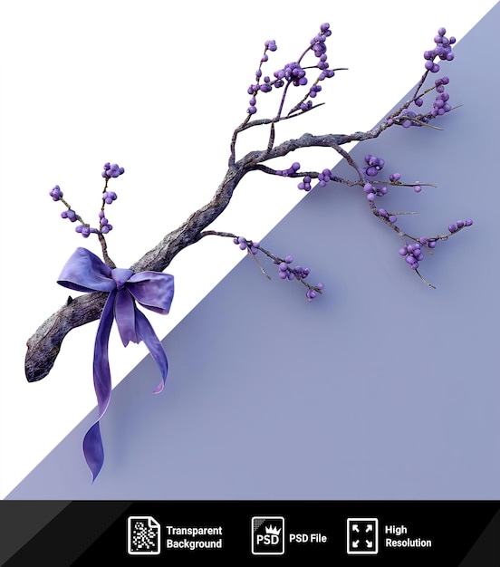 PSD branche d'arbre festive ornée d'un arc et de fleurs violettes contre un ciel bleu png psd