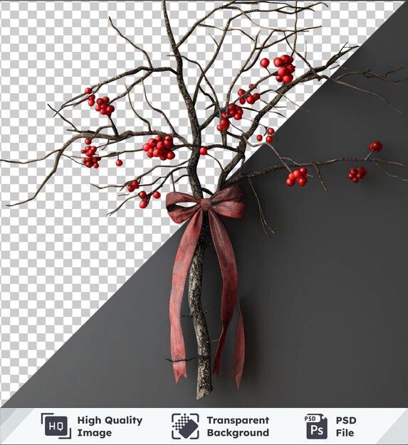 PSD branche d'arbre festive psd transparente de haute qualité ornée d'un arc et de baies ornées d'un ruban rose et rouge sur un mur gris