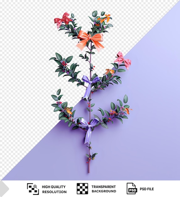 PSD branche d'arbre festive unique ornée d'un arc et de fleurs contre un ciel bleu et violet png psd