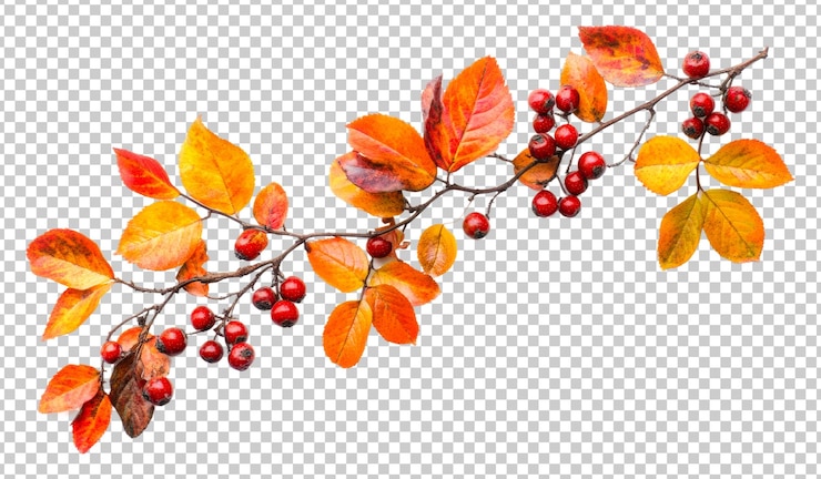 PSD branche d'automne colorée avec des baies et des feuilles rouges isolées sur un fond transparent