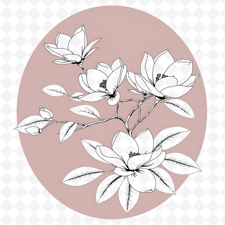 PSD branche de magnolia en fleurs dessinée sur fond de cercle rose