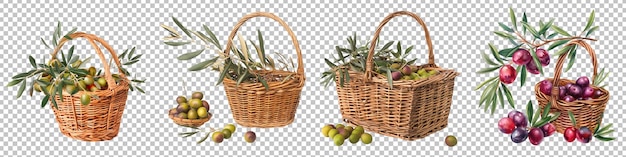 PSD branche d'olive de collection avec des fruits mûrs et un panier de pique-nique tissé isolé sur un fond transparent
