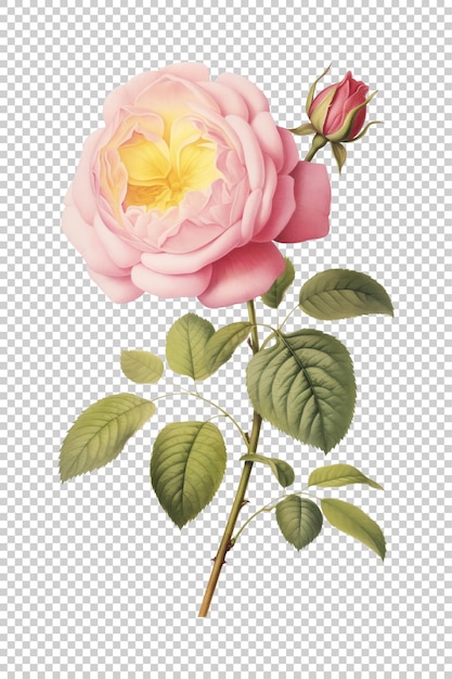 Branche De Rose Vintage Botanique En Fleurs Avec Bourgeons Sur Fond Transparent