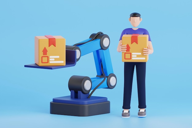 Le bras du robot soulevant une boîte en carton illustration 3D