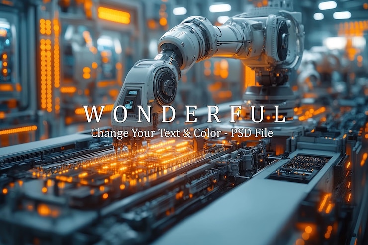 PSD un bras robotique assemble un circuit imprimé dans une usine futuriste