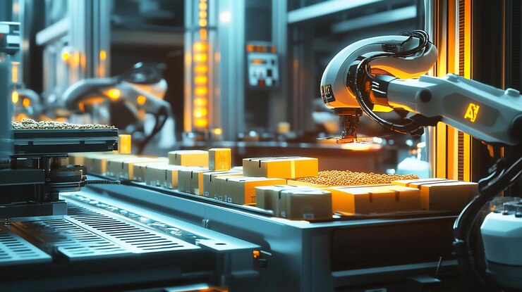 PSD un bras robotique automatisé assemble des produits sur un convoyeur dans une usine moderne