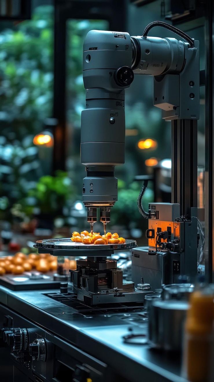 PSD un bras robotique prépare de la nourriture dans une cuisine moderne