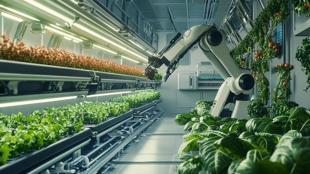 Un bras robotique récolte des légumes dans une ferme verticale intérieure futuriste