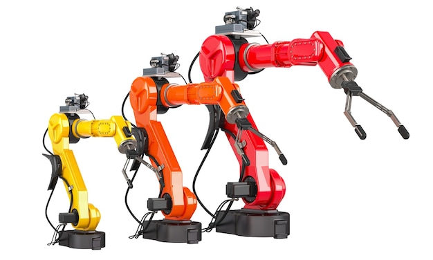 Des bras robotiques de différentes tailles et couleurs rendus en 3D isolés sur un fond transparent