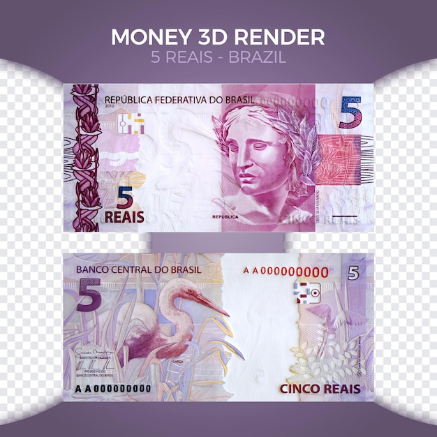 PSD brasilianisches geld 5 reais 3d-render vorder- und rückseite