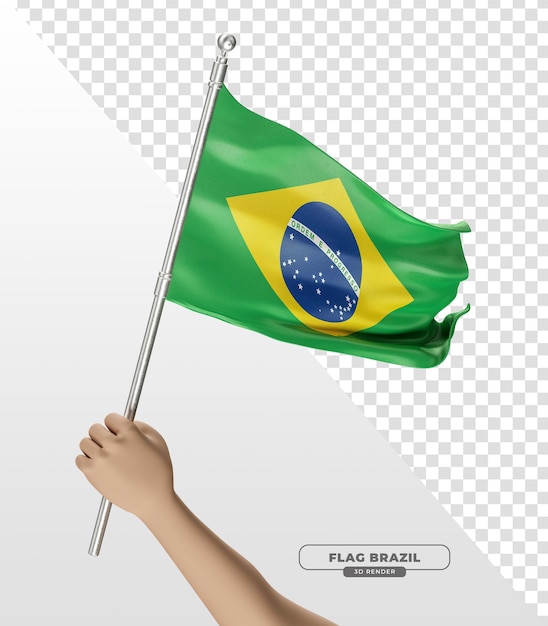 Brasilien-flaggenhand mit realistischer stange in 3d-darstellung