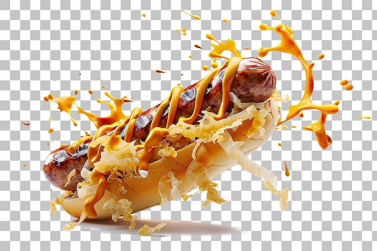 PSD bratwurst alemão voando com molhos de mostarda e chucrute em fundo transparente