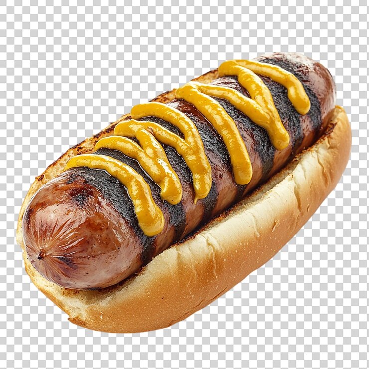 PSD bratwurst grelhado com mostarda em pão isolado em fundo transparente