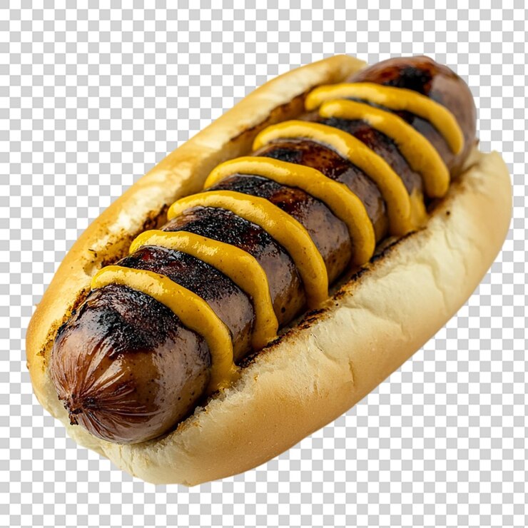 PSD bratwurst grelhado com mostarda em pão isolado em fundo transparente