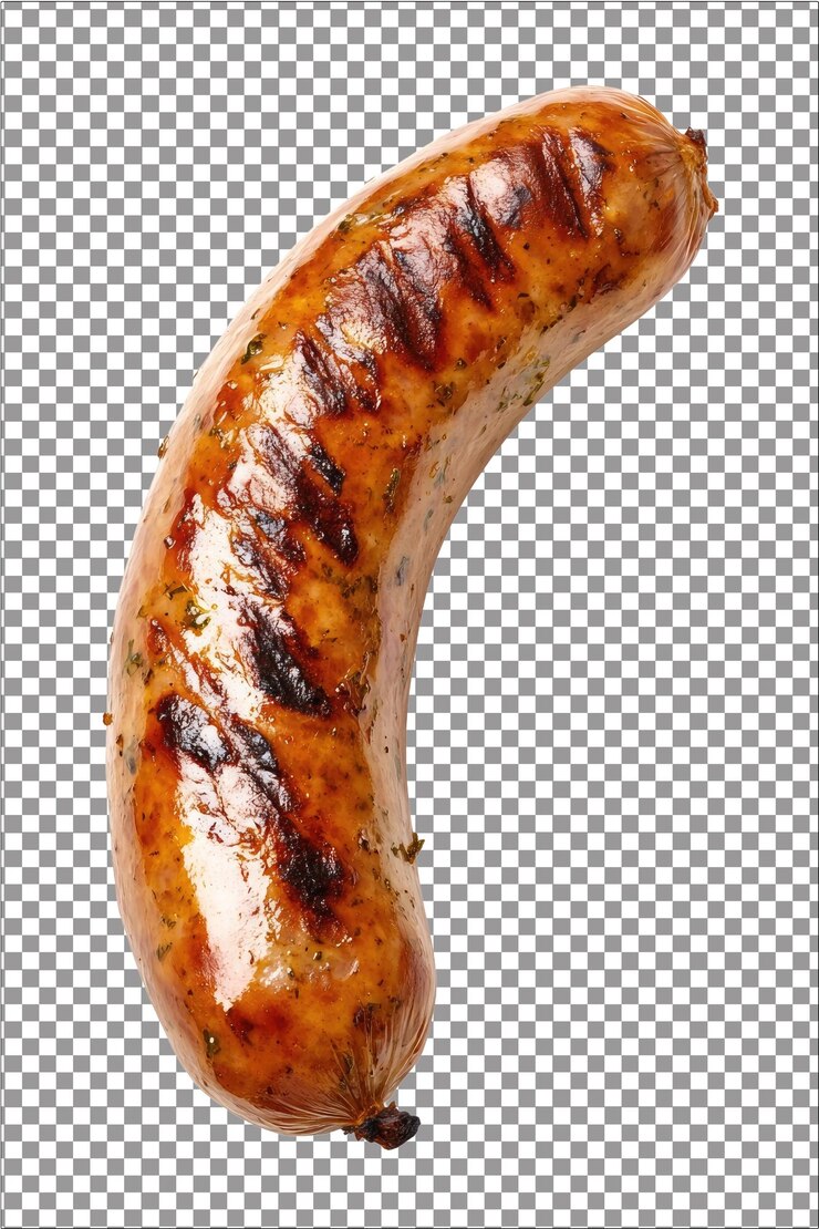 Bratwurst Una salsiccia ricca per la griglia Iperrealistico Bianco isolato Piano sfondo trasparente