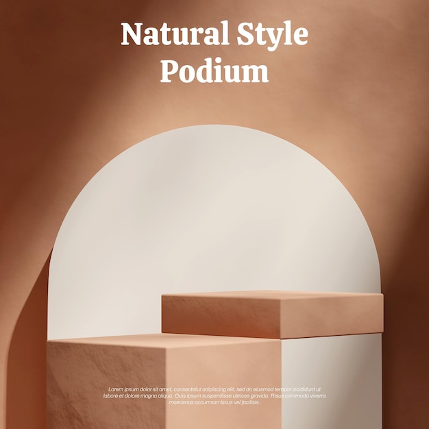 braun strukturiertes Podium in quadratischer weißer Bogenwand 3D-Bildrender leeres Mockup