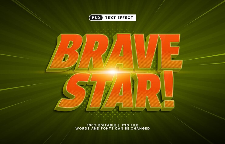 PSD brave star efecto de texto editable con un héroe y efecto de texto de poder