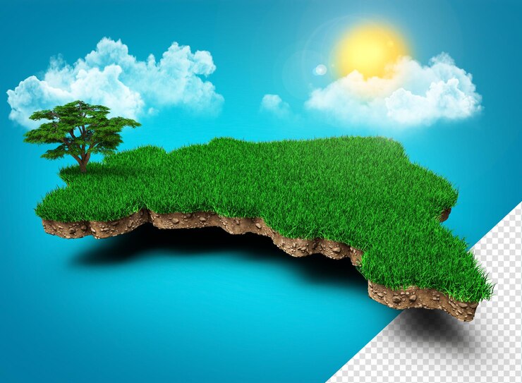 PSD brazil map realistic 3d map of brazilian clouds tree sun rays on bright blue sky 3d illustration