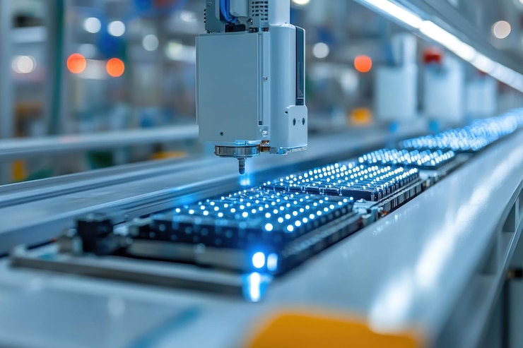 PSD brazo robótico automatizado que ensambla placas de circuitos en una línea de producción de fábrica