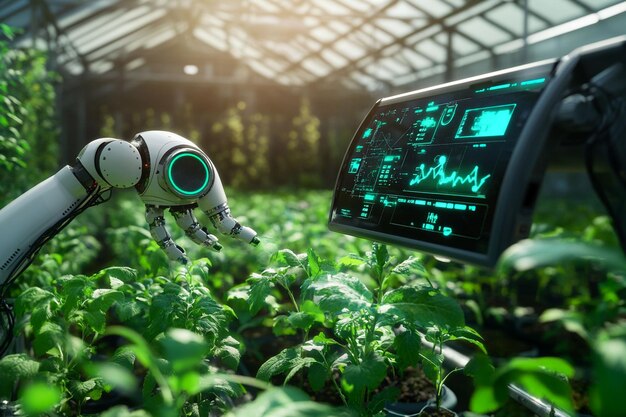 Un brazo robótico cuidando plantas en un invernadero inteligente mostrado en un monitor