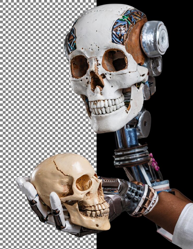 PSD el brazo robótico futurista que sostiene el cráneo humano en un fondo transparente png psd