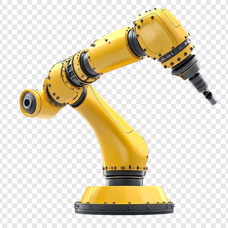 PSD brazo robótico industrial avanzado renderización 3d de un brazo robótico amarillo con accesorio de perforación que muestra el avance tecnológico en los procesos de automatización y fabricación