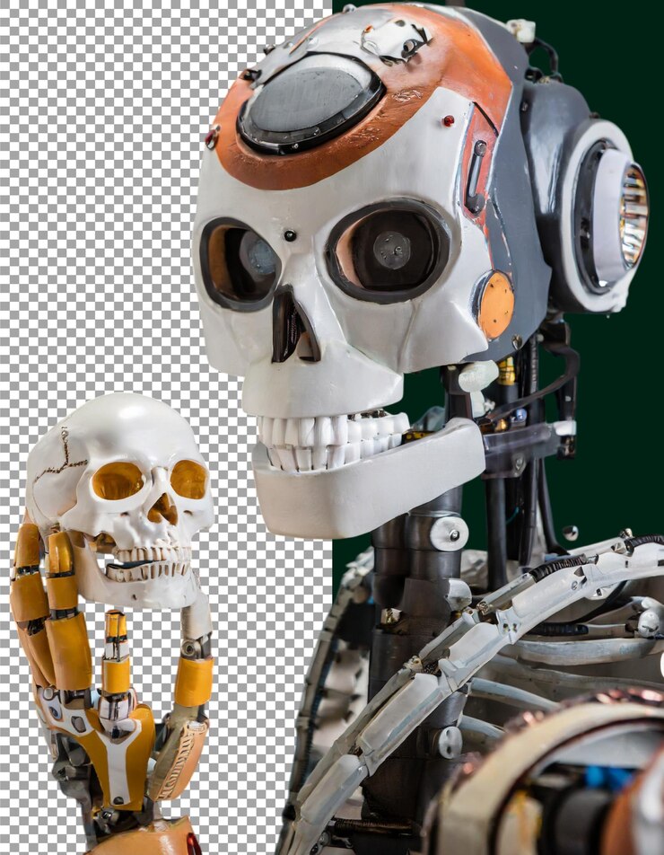 PSD el brazo robótico sosteniendo el cráneo humano tecnología avanzada se encuentra con la anatomía en un fondo transparente png psd
