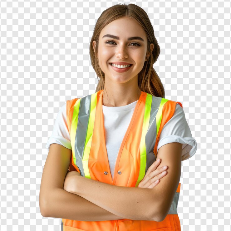 PSD brazos cruzados mujer sonriente con chalecos de seguridad reflectantes y posando en un fondo transparente p