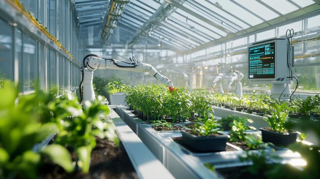 Los brazos robóticos cuidan las plantas en un invernadero moderno