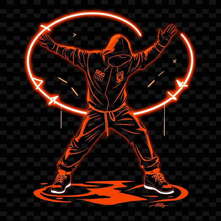 PSD breakdancer em freeze pose neon street art design com decoração de tema de cor laranja e negra vibrante