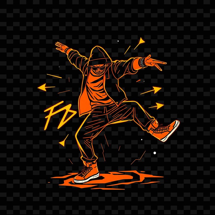 PSD breakdancer em freeze pose neon street art design com decoração de tema de cor laranja e negra vibrante