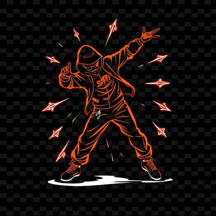 PSD breakdancer en freeze pose diseño de arte callejero de neón con decoración temática de color naranja y negro vibrante